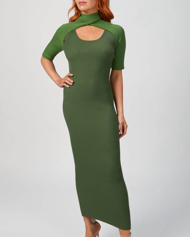 Front of a model wearing a size L Loop Layered Knit Dress in Vert in Vert by WYNN HAMLYN. | dia_product_style_image_id:338258